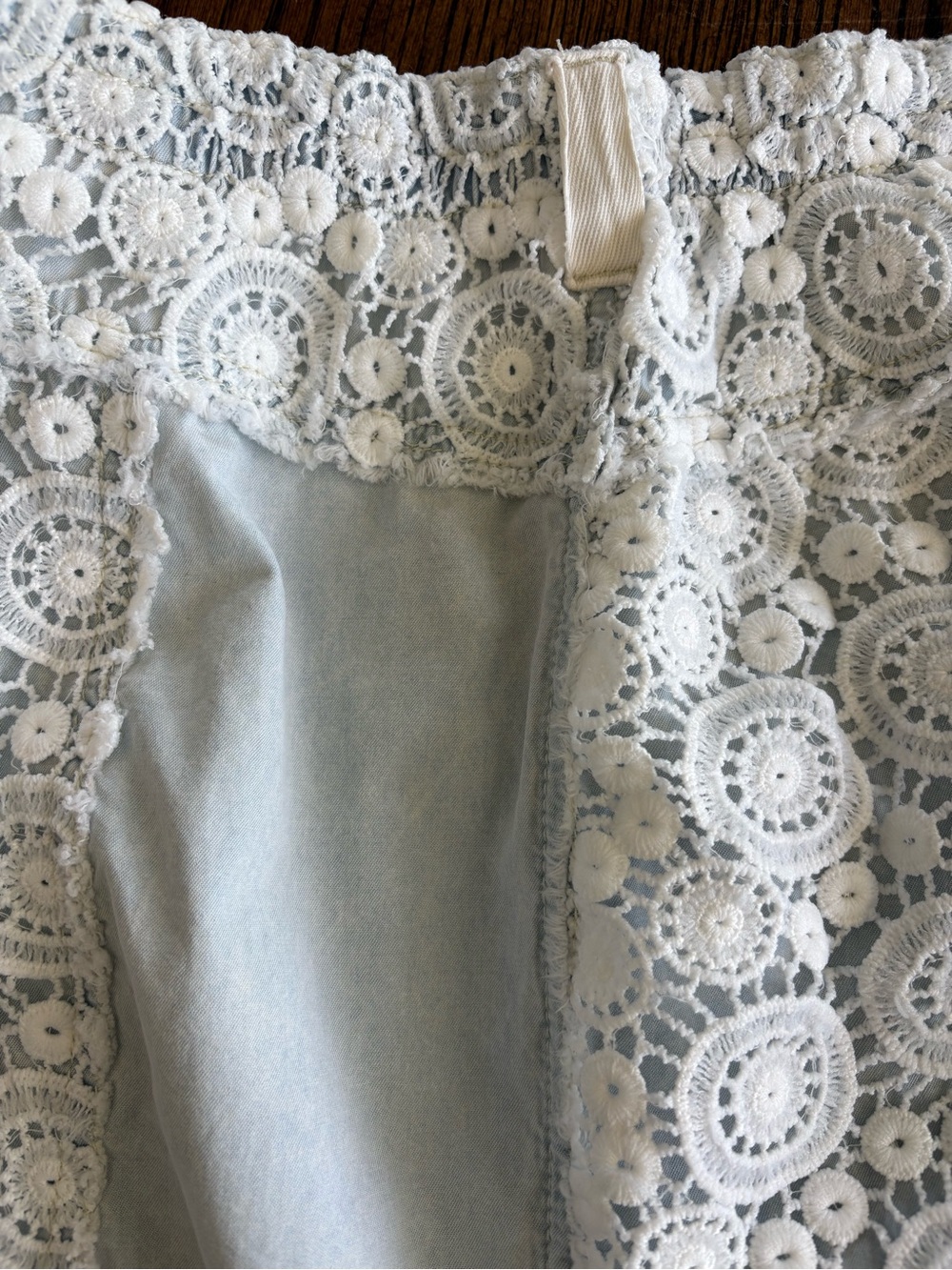 POL Lace Light Wash Denim Midi Maxi Skirt Crochet Medium Boho Coastal Cowgirl - Picture 2 of 15